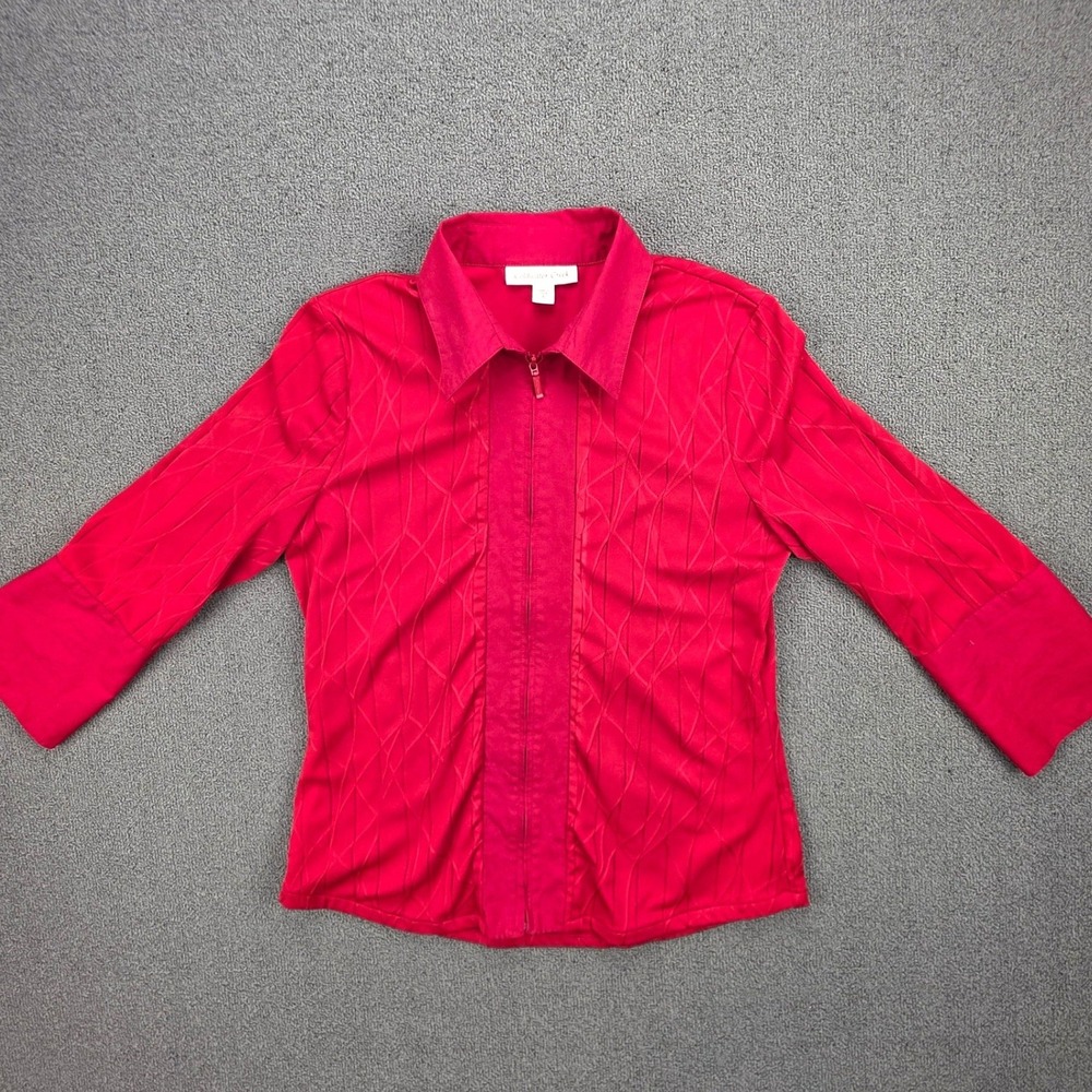 Coldwater Creek Pintuck Zip Front Blouse Women Red Textured Stretch Small